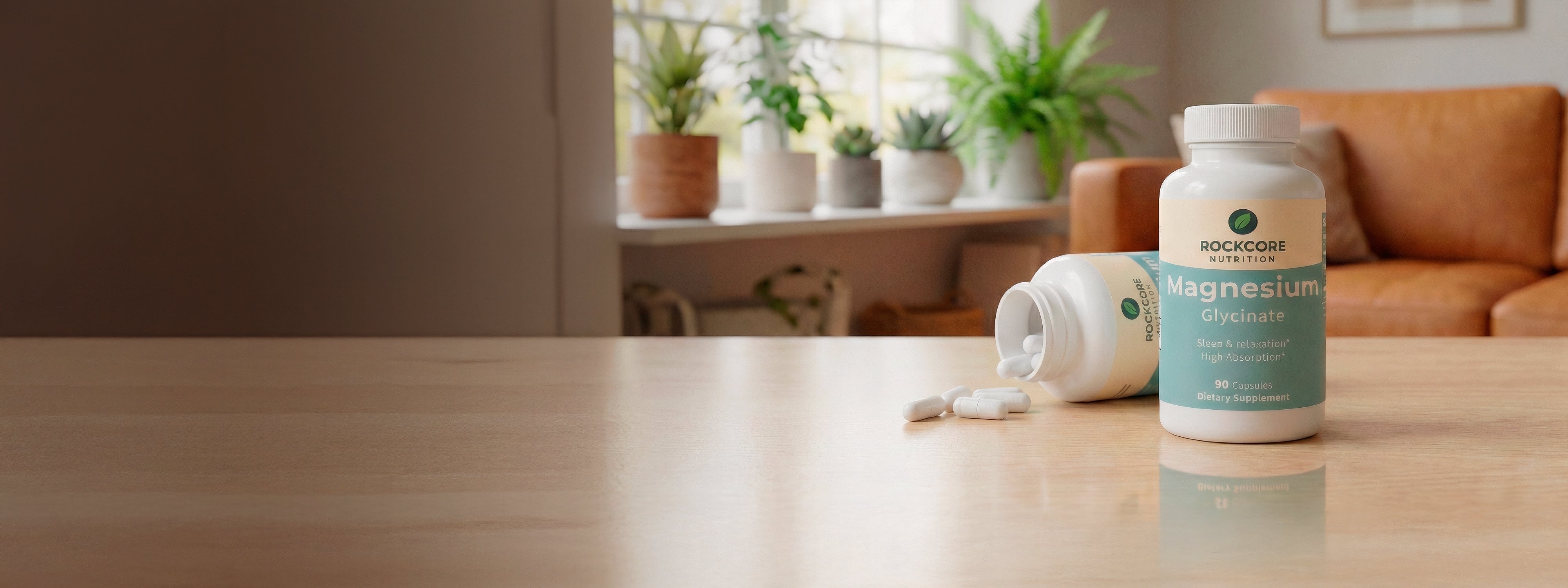 Supplement bottle on a wooden table with a home interior background